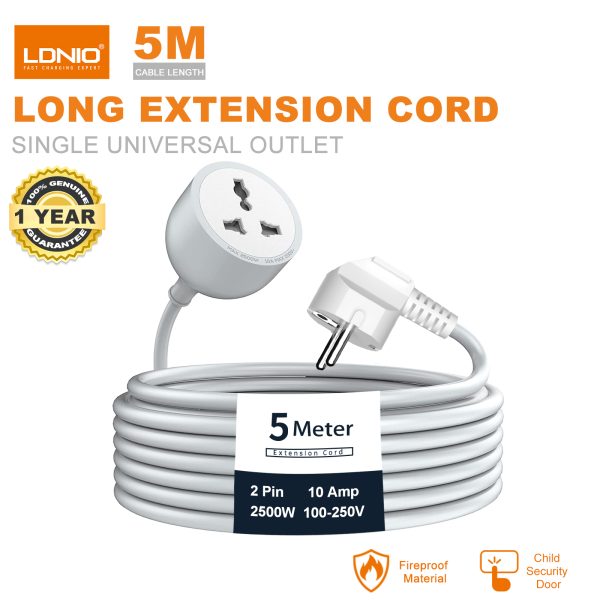 LDNIO Extension Socket, 16.4Ft (5M) Heavy Duty Long Wire Cord, Single AC Outlet, 2500W 10A-EU Plug