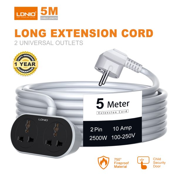 LDNIO Extension Cord, 2500W 10A Extension Board, Heavy Duty Long Wire Extension, 2 Universal Outlets Extension Cable, 2 Pins Power Cord Extension, Expandable Power Strip for Home Office Cable-EU Plug
