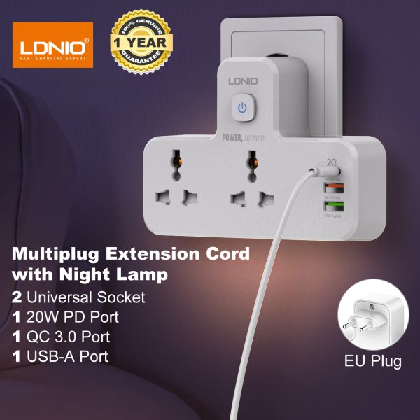 Ldnio Multiplug Power Strip with Night Lamp and Fast Charging Ports, 2500W 10A EU Plug, 3-Outlet with USB-C/Type-C PD QC3.0