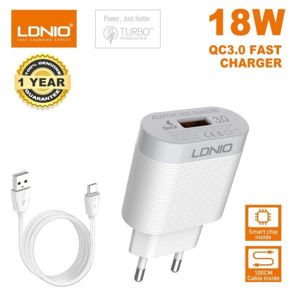 LDNIO 18W QC3.0 Fast Charger with Cable (EU Plug)