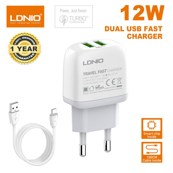 LDNIO A2219 USB 2 Port Auto ID 2.4A Two USB EU Plug Fast Wall Charger with 1 Pcs Type-C Charging & Data Cable For Mobile Phone / Tablet