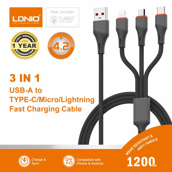 Ldnio LC96u 3in1 Fast Charging Cable 1.2m USB to Lightning Micro-USB Type-C 5V/4.2A Max Nylon Braided USB Data Cable