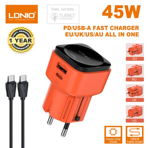 LDNIO Q2420 45W Universal Adapter with Retractable Four Types of Pins