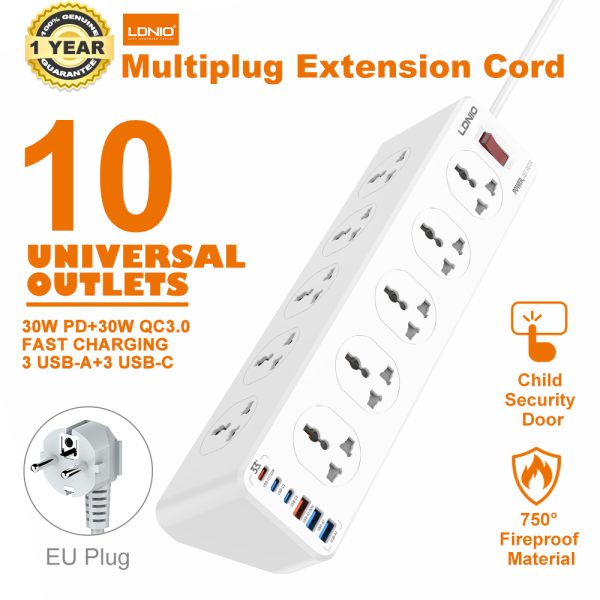 LDNIO SC10610C Power Socket Extension Universal Power Strip With 10 Outlets 2M