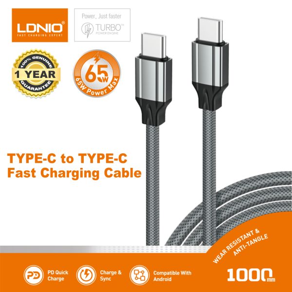 LDNIO 65W Type-C Fast Charging Cable, Type-C to Type-C Mobile Phone Charging Cable -1M