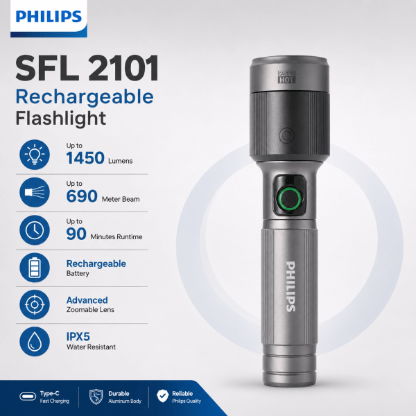 PHILIPS SFL2101/56 Aircraft Aluminium Zoomable LED Rechargeable Flashlight – 30W | 1450 Lumens | 600m Long Beam