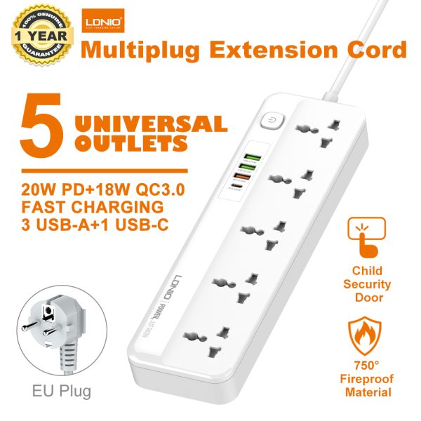 LDNIO SC5415 Power Strips 5 Way Outlet with USB Ports Universal Extension Power Socket