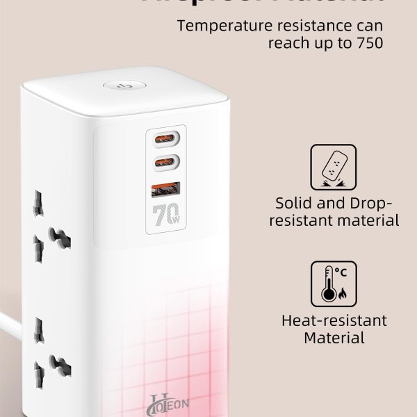 Hoteon Tower Extension Board, 2500W/10A Extension Cord with GaN Technology, 70W USB C Power Strip with 4 Universal Sockets, 2*70W PD&1*30W QC Fast Charging, 2M Surge Protection Board for Home, Office
