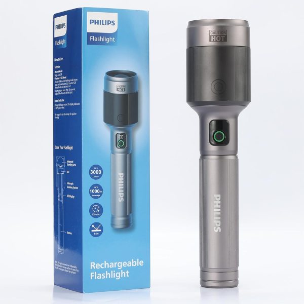 PHILIPS Aircraft Aluminium Alloy 33.2cms Zoom LED Rechargeable Flashlight / Torch – 2500Lumens, 860m Range, 9000mAh SFL5102