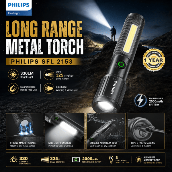 Philips SFL 2153 Rechargeable Zoom Flashlight with SideLight