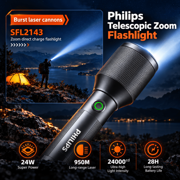 Philips SFL2143/56 Aluminum Alloy Ultra-Long Range Zoomable LED Flashlight – 1100 Lumens | 950m Beam | 3000mAh