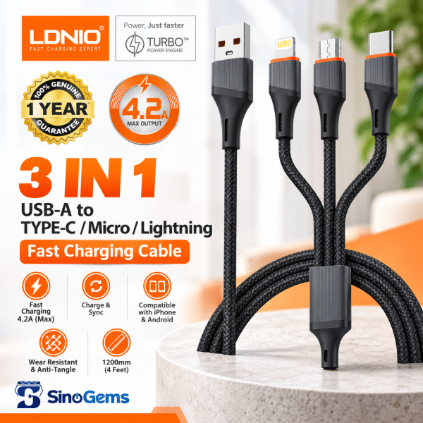 LDNIO LC96U 3-in-1 Fast Charging Cable – 4.2A, Type-C, Lightning & Micro-USB