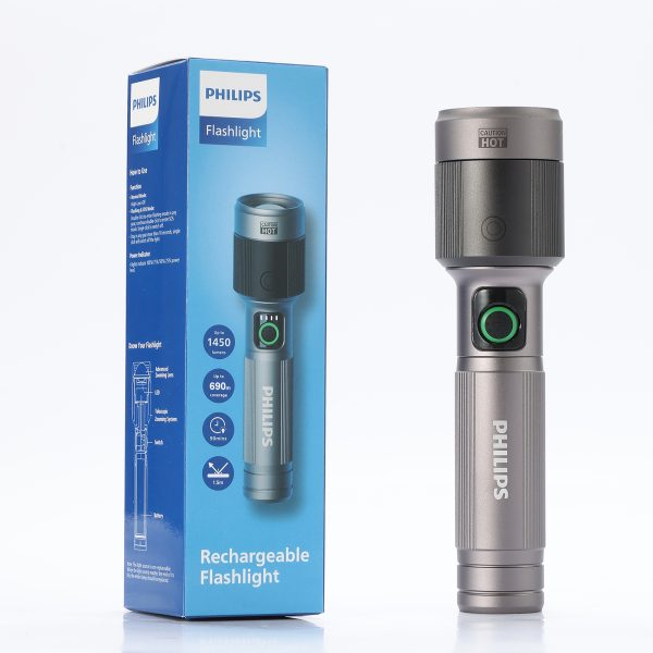 PHILIPS Aircraft Aluminium Alloy Long Range 16.2cms Zoom LED Rechargeable Flashlight – 1450Lumens, 600m Range 2200mAh SFL2101