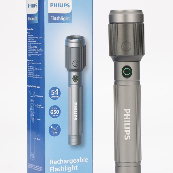 Philips Aircraft Aluminium Alloy Long Range Zoom LED Rechargeable Flashlight / Torch – 650Lumens, 300m Range 1200mAh SFL2141