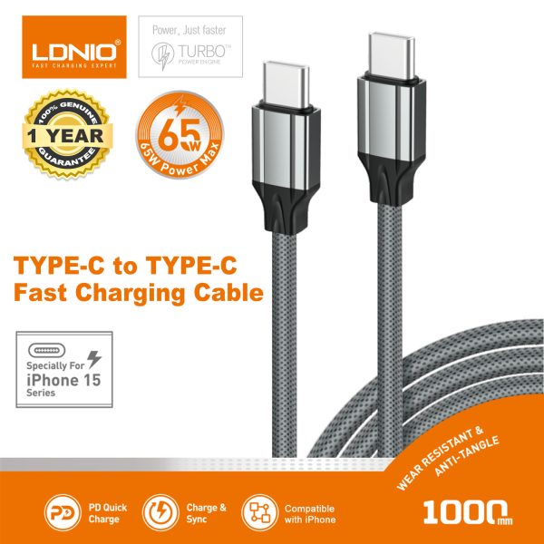 LDNIO 65W Fast Charging Cable for iPhone 15/16/17 Series, Type-C to Type-C Mobile Phone Charging Cable-1M