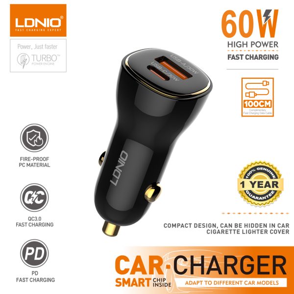 LDNIO C103 60W Dual Port Fast Car Charger