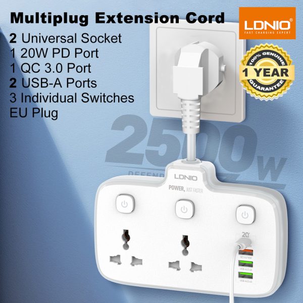 LDNIO Extension Board, Individual Switch Power Strip with 20W Fast PD/Type-C, 2500W 10A Extension Cord with 2 Universal Socket, 1 QC3.0 Port & 2 USB-A, Surge Protection for Home-EU Plug