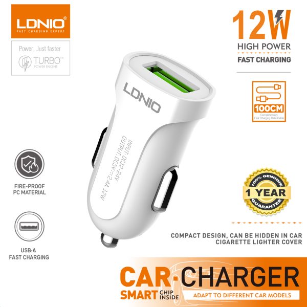 LDNIO DL-C17 Fast Car Charger 12W With USB Port , Auto-ID USB , Smart Charger , Safety Quick and TYPE-C Cable - White