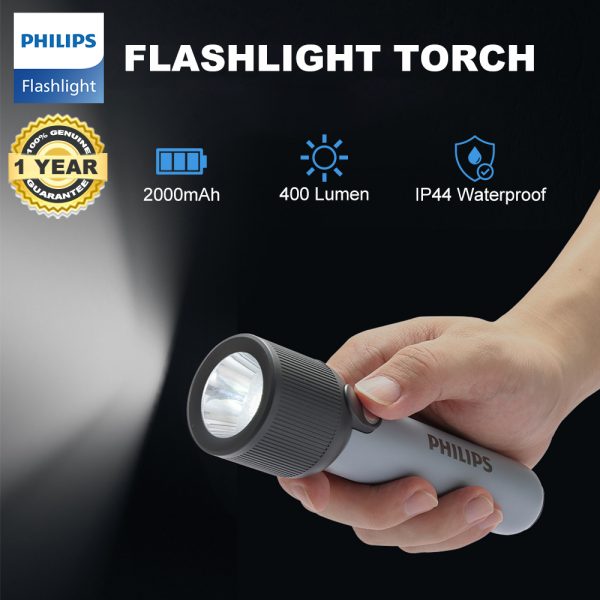 PHILIPS ABS 17.1cms LED Rechargeable Flashlight / Torch – 400Lumens, 150m Range, 2000mAh SFL1181