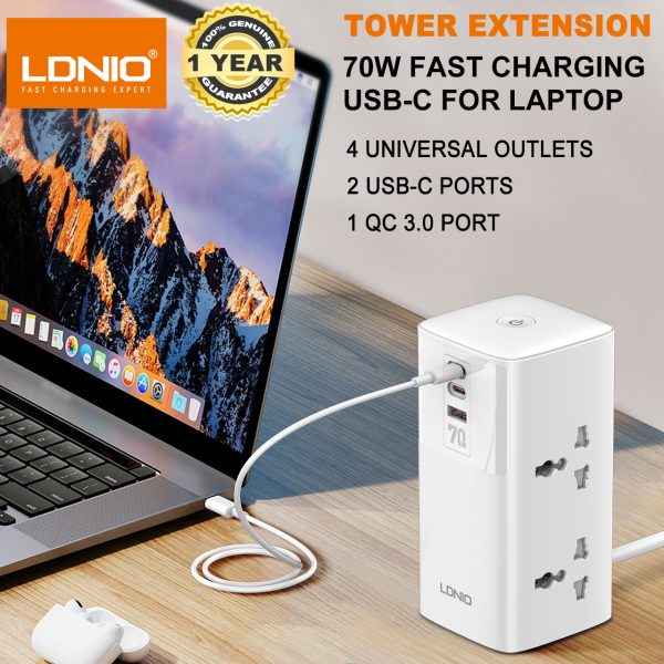 LDNIO Multiplug Extension Cord, 4 AC Sockets, Fast Charging 2 USB-C & 1 USB-A Ports (2500W, 10A, 2M Cable-EU Plug)