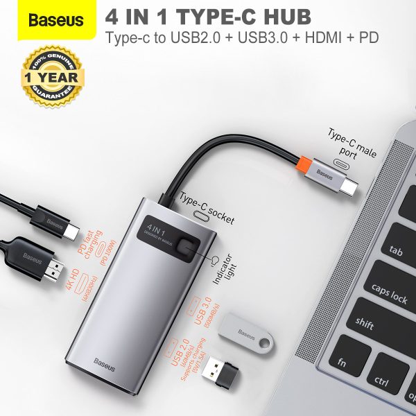 Baseus Metal Gleam 4-in-1 Type-C USB Hub – 4K HDMI, 100W PD, USB 3.0 & USB 2.0