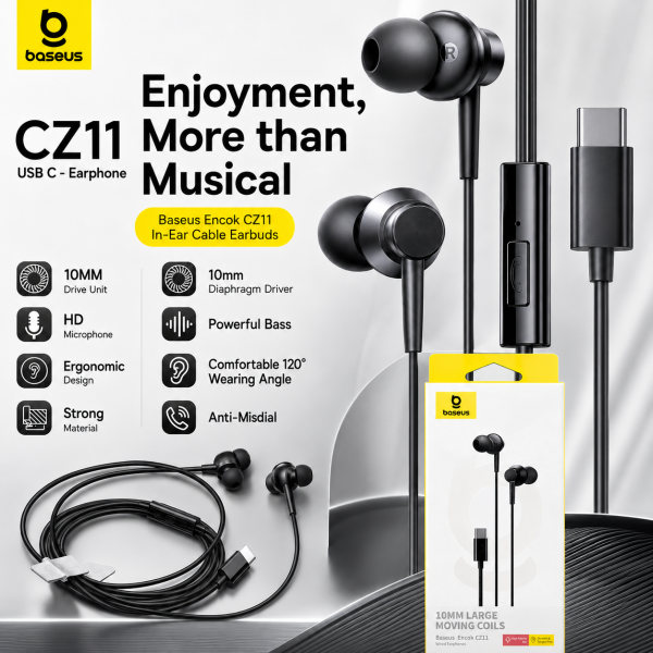 Baseus Encok CZ11 Type-C Wired Earphone with Microphone – Black