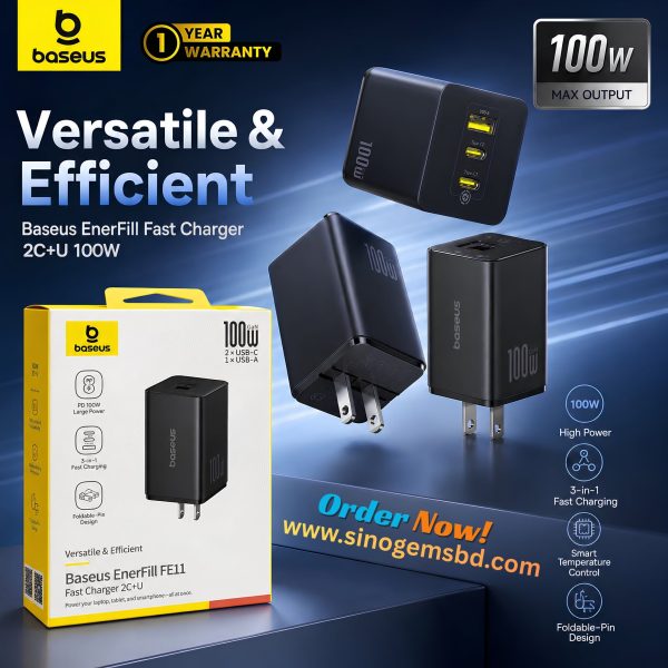 Baseus EnerFill FE11 100W 3-Port Fast Charger – 2C+U US Plug Cosmic Black