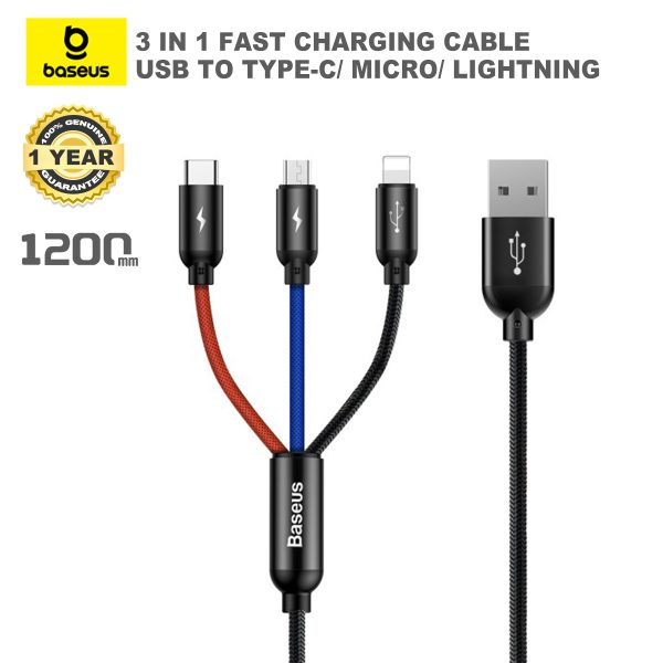 Baseus Three Primary Colors 3-in-1 Fast Charging Cable – USB-A to Type-C, Lightning & Micro USB 3.5A 1.2m