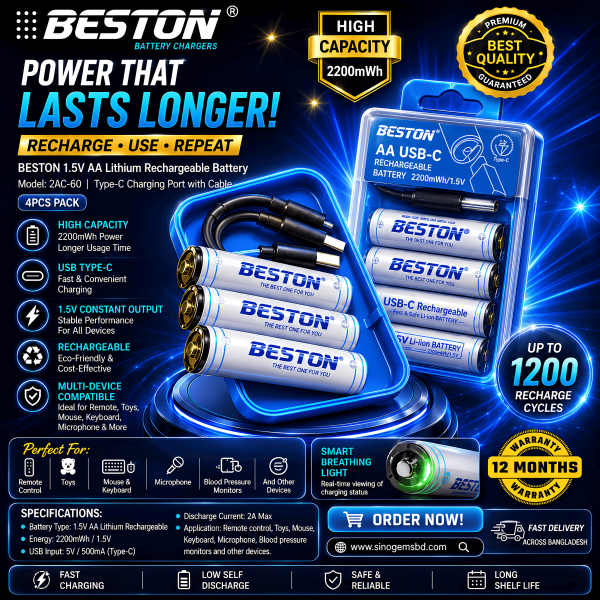 Beston 1.5V AA Lithium 2200mWh Rechargeable Battery -4PCS