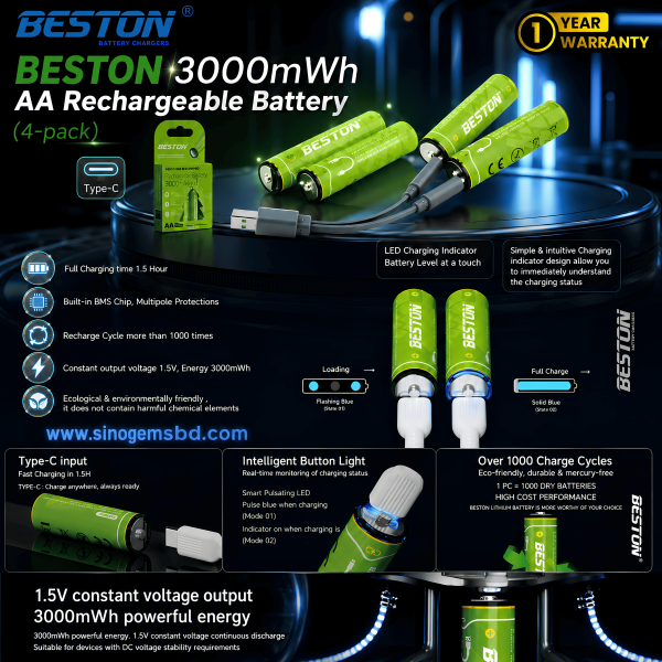 Beston USB 1.5V AA Lithium 3000mWh Rechargeable Battery -4 PCS