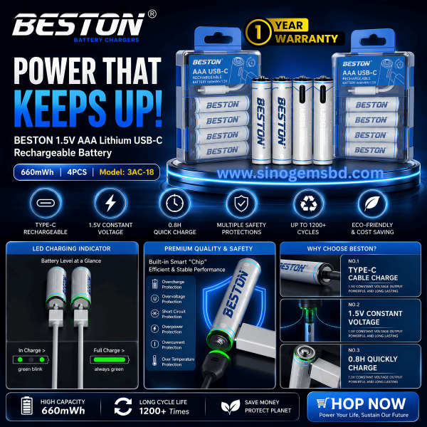 Beston 1.5V AAA Lithium 660mWh Rechargeable Battery-4PCS