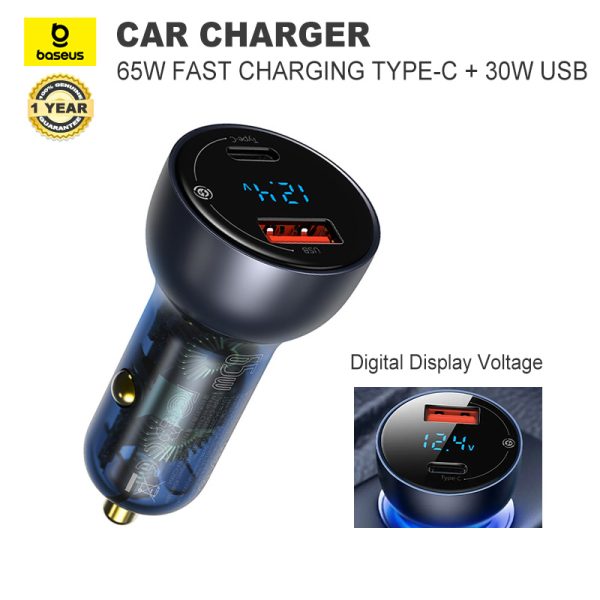 Baseus 65 Watt Digital Display Dual Port Fast Car Charger – USB -A + USB-C PD & QC Fast Charger