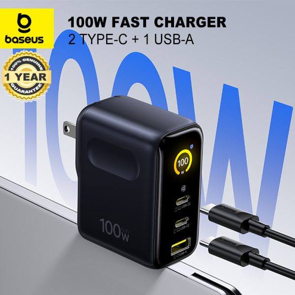 Baseus PicoGo AE21 100W GaN Smart Fast Charger with Display – Dual USB-C + USB-A 3-Port Wall Charger