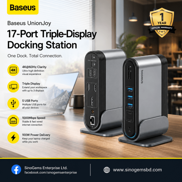 Baseus UnionJoy 17-Port Triple Display Type-C Docking Station – 4K@60Hz, 100W PD, Gigabit Ethernet – Space Grey
