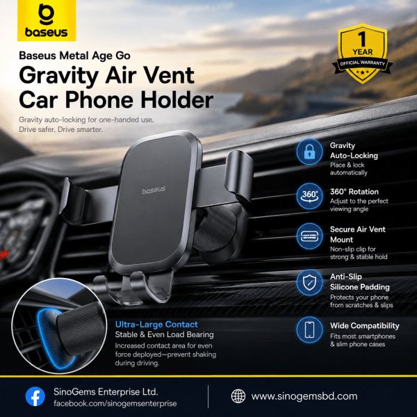 Baseus Metal Age Go Gravity Air Vent Car Phone Holder – 360° Rotatable Auto-Lock Mount – Black