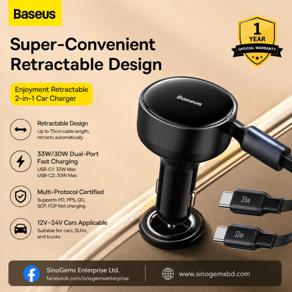 Baseus Enjoyment Retractable 2-in-1 USB-C Car Charger C+C 33W– Black
