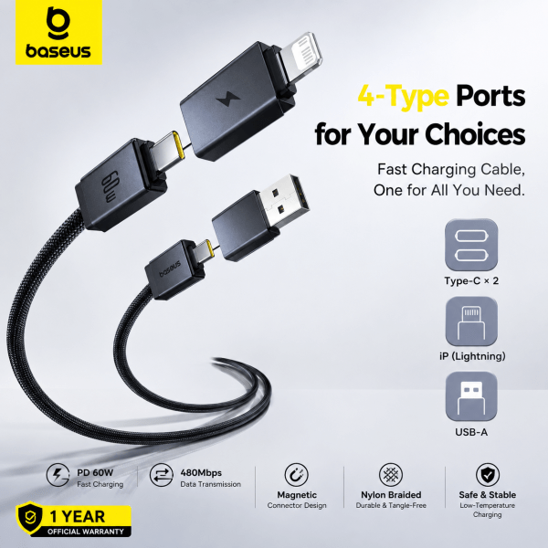 Baseus Versatile Two-for-Two 4-in-1 60W Fast Charging Cable – USB-A + USB-C to USB-C + Lightning (1 meter)-Cosmic Black