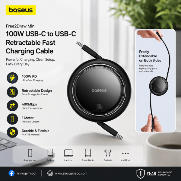 Baseus Free2Draw Mini 100W USB-C to USB-C Retractable Fast Charging Cable – 1M