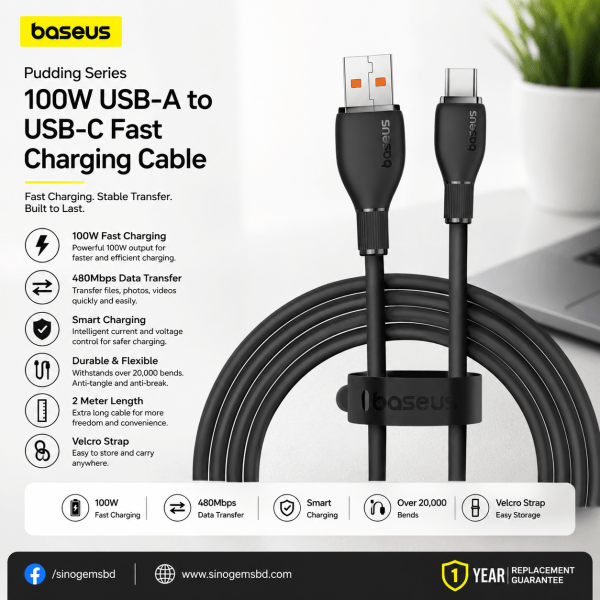 Baseus Pudding Series 100W USB-A to USB-C Fast Charging Cable – 2 Meter