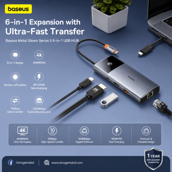 Baseus Metal Gleam Series II 6-in-1 USB-C Hub | 4K 60Hz | 10Gbps | 100W PD | Gigabit Ethernet