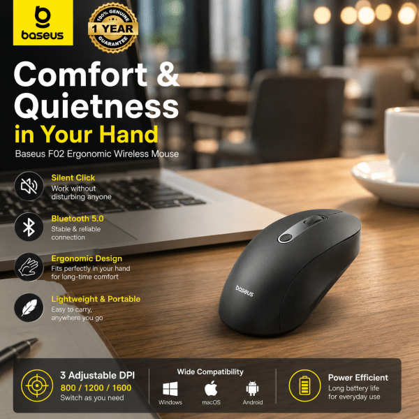 Baseus F02 Ergonomic Dual-Mode Wireless Mouse – Bluetooth 5.2, 2.4GHz, Silent Click & 4000 DPI – Cluster Black