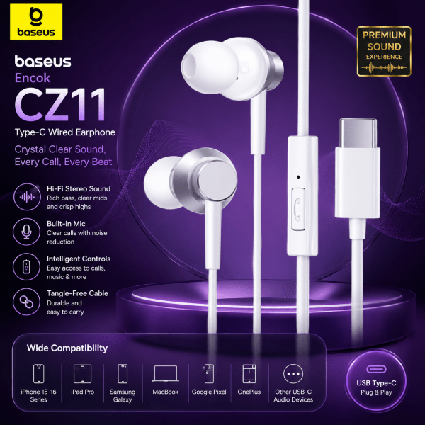 Baseus Encok CZ11 Type-C Wired Earphone White – In-Ear USB-C Headset with Mic, Built-in Controls, Tangle-Free Cable & Wide Compatibility