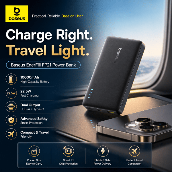 Baseus EnerFill FP21 Power Bank 10000mAh 22.5W Black – PD + QC Fast Charging, Dual USB-C, USB-A Output & 3-Device Charging Support