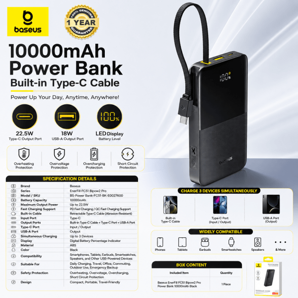 Baseus EnerFill FC51 Bipow2 Pro Power Bank 10000mAh 22.5W Black – Built-in Retractable Type-C Cable, Digital Display & 3-Device Fast Charging