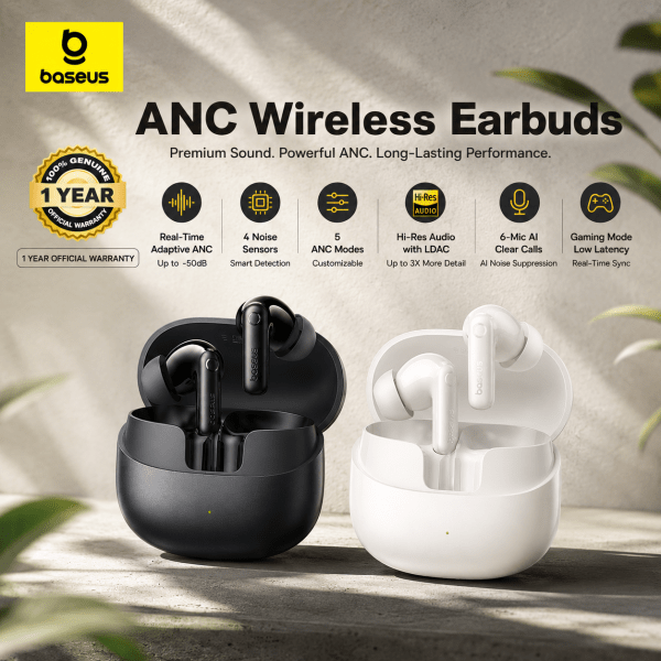Baseus BP1 Pro Wireless Noise Cancelling Earbuds – Hi-Res LDAC, Adaptive ANC, 55H Playtime – White / Black