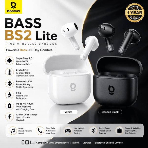 Baseus Bass BS2 Lite True Wireless Earbuds – SuperBass 2.0, Bluetooth 6.0 & 40H Playtime – Cosmic Black / White