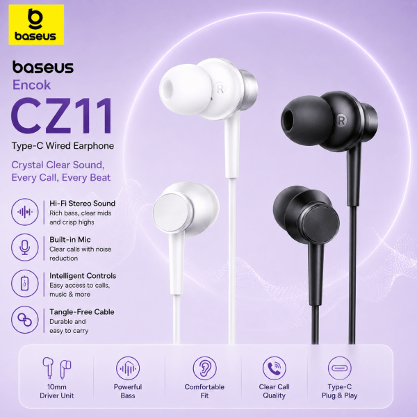 Baseus Encok CZ11 Type-C Wired Earphone White – In-Ear USB-C Headset with Mic, Built-in Controls, Tangle-Free Cable & Wide Compatibility