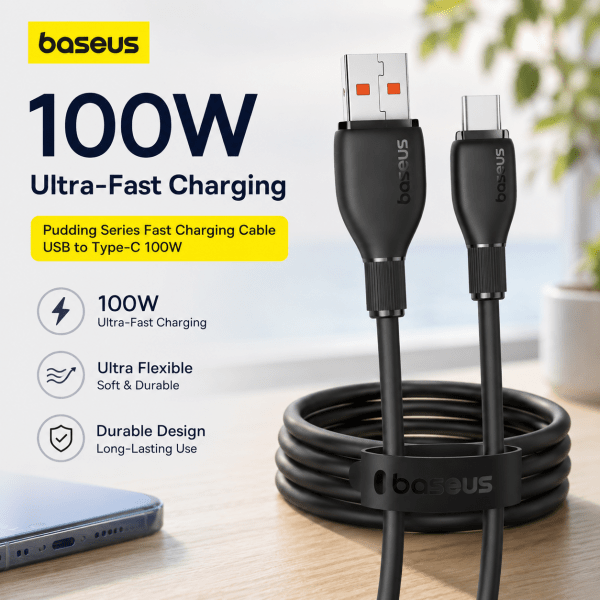 Baseus Pudding Series 100W USB-A to Type-C Fast Charging Data Cable – 1.2 Meter