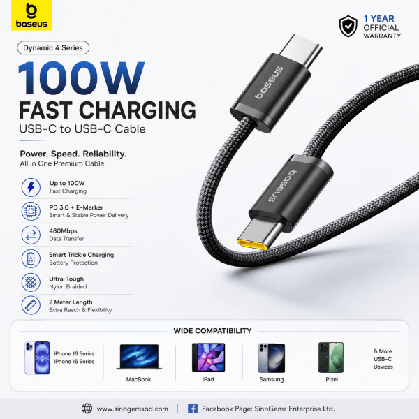 Baseus Dynamic 4 Series 100W USB-C to USB-C Fast Charging Cable 2M – Cluster Black