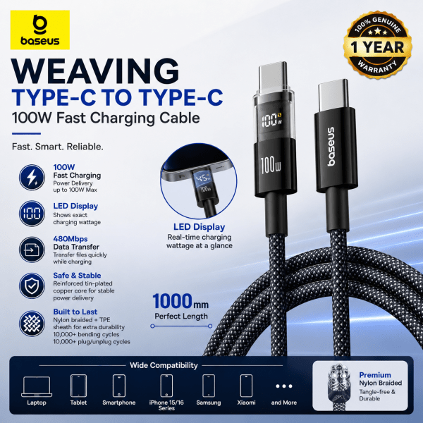 Baseus Display 2 Series 100W USB-C to USB-C Fast Charging Data Cable 1 Meter – Real-Time LED Power Display, PD Fast Charging, 480Mbps Data Transfer & Nylon Braided Design